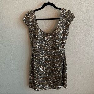 Vintage Scala Sequins Gold Silver Cap Sleeve Beaded Silk Dress